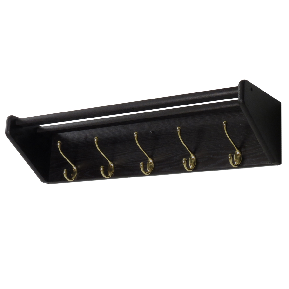 32hcrbk 5 Hook Shelf, Brass Hooks - Black