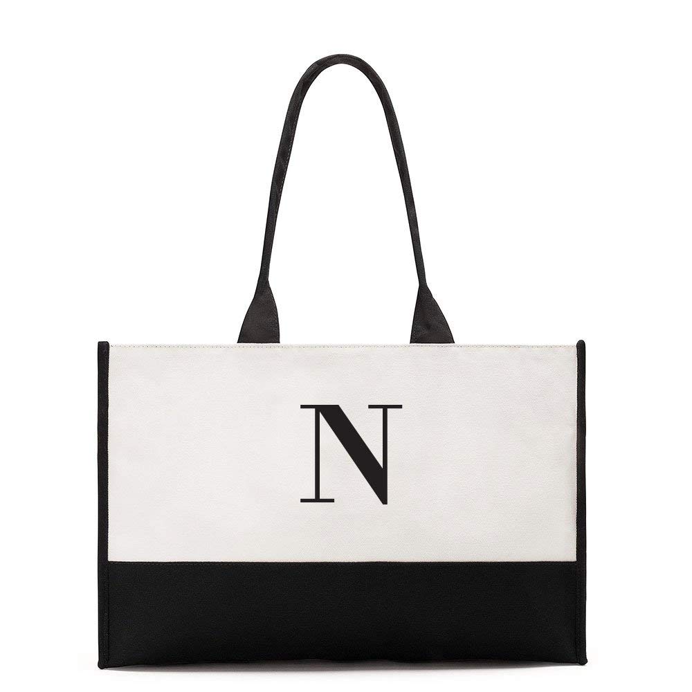 41037-n Personalized Modern Initial Colorblock Canvas Tote Bag, Black - Letter N