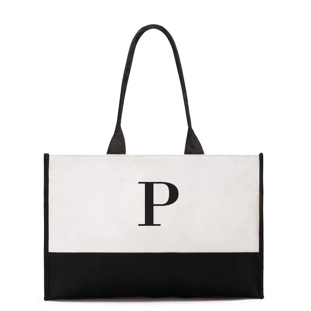 41037-p Personalized Modern Initial Colorblock Canvas Tote Bag, Black - Letter P