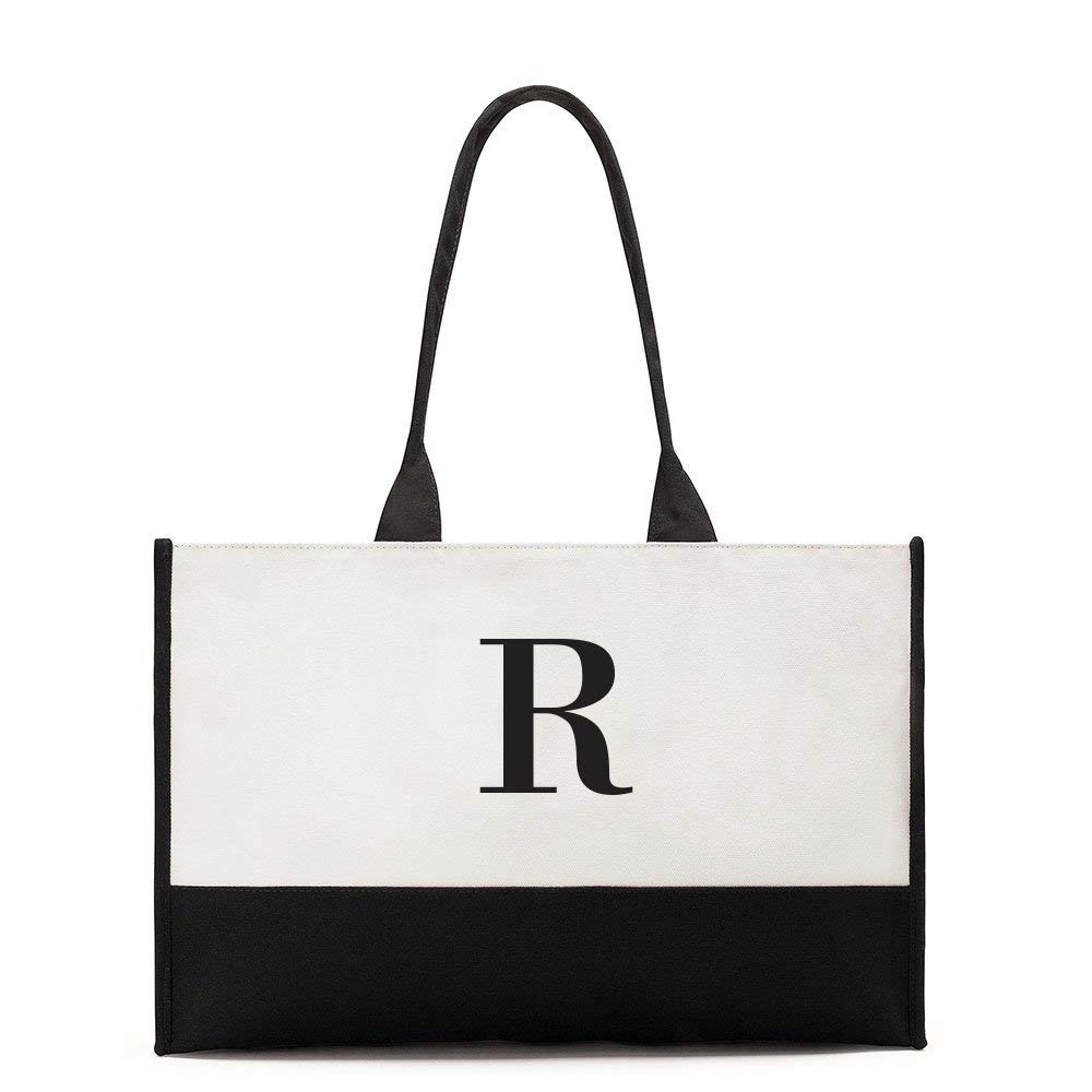 41037-r Personalized Modern Initial Colorblock Canvas Tote Bag, Black - Letter R