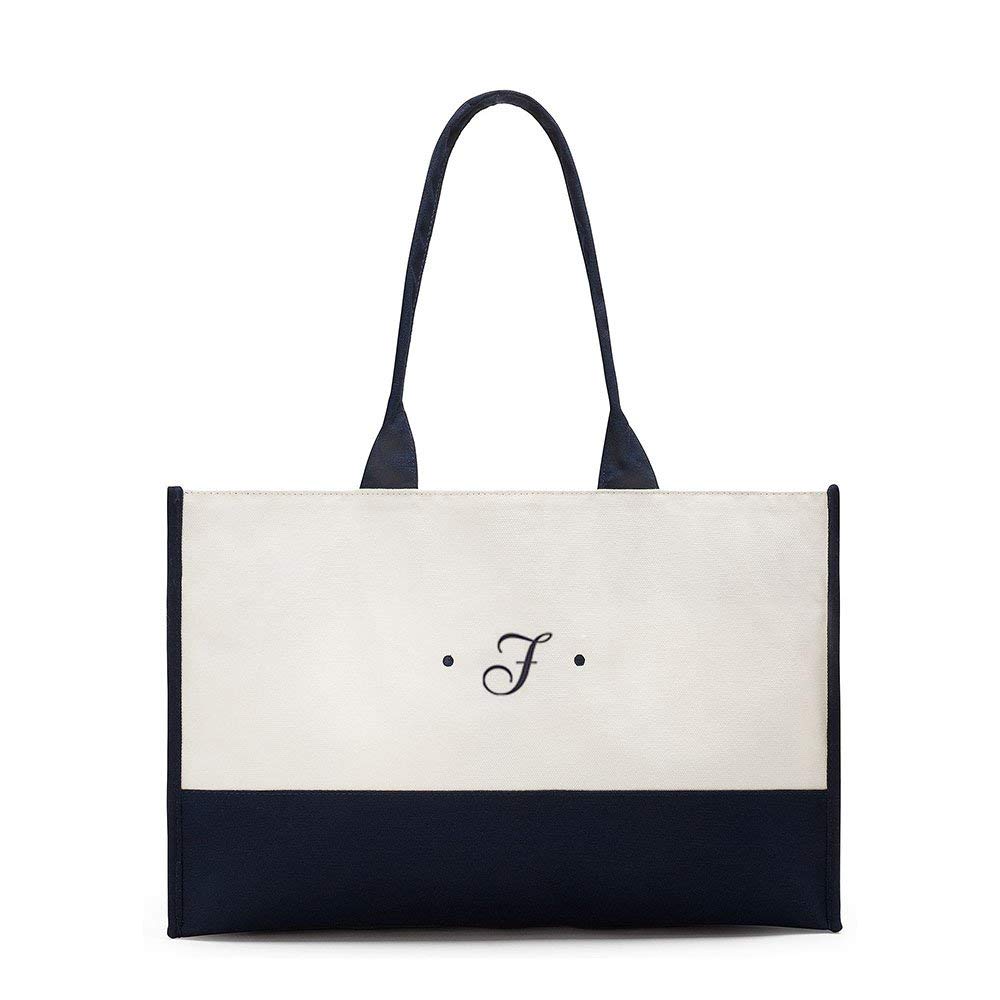 41040-f Personalized Classic Script Initial Colorblock Canvas Tote Bag, Navy - Letter F