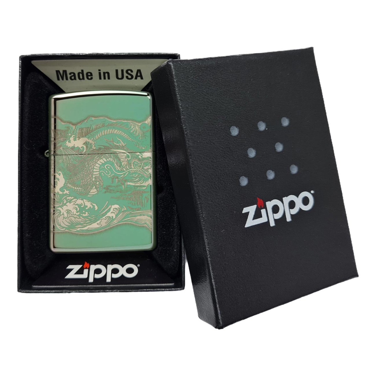 ZIPPO 28129PI400122 Windproof Lighter Dragon and Tiger Engraved 360 High Polish Green