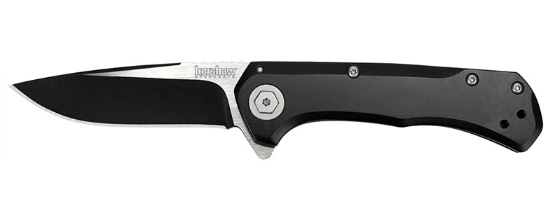 1955 3 In. Showtime Assisted Flipper Two-tone Drop Point Blade - Black Steel Handles
