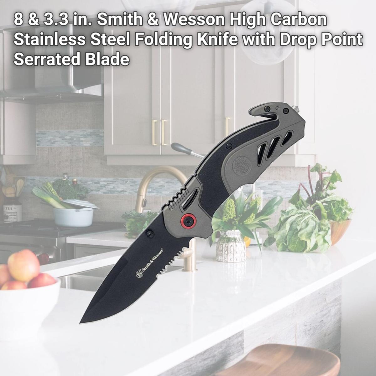 Picture of BTI Tools 1100038 8 & 3.3 in. Smith & Wesson High Carbon Stainless Steel Folding Knife with Drop Point Serrated Blade