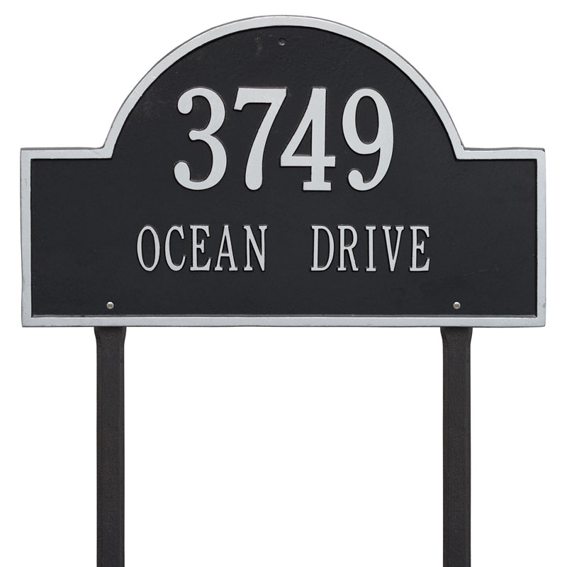 1102bs Estate Lawn Two Line Arch Marker Address Plaque, Black & Silver
