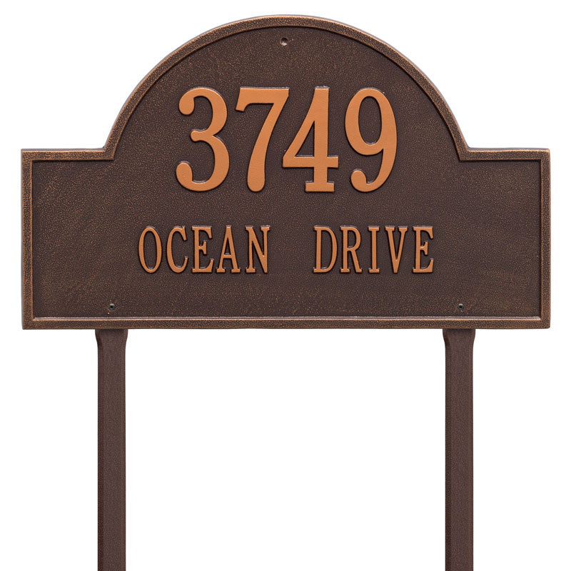 1102ac Estate Lawn Two Line Arch Marker Address Plaque, Antique Copper
