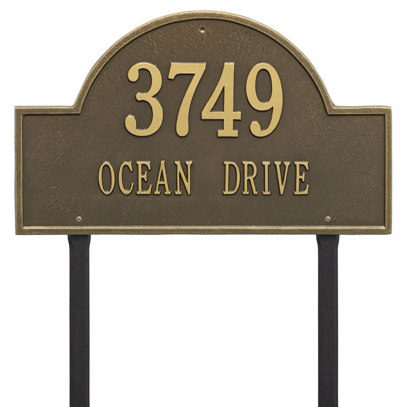 1102ab Estate Lawn Two Line Arch Marker Address Plaque, Antique Brass