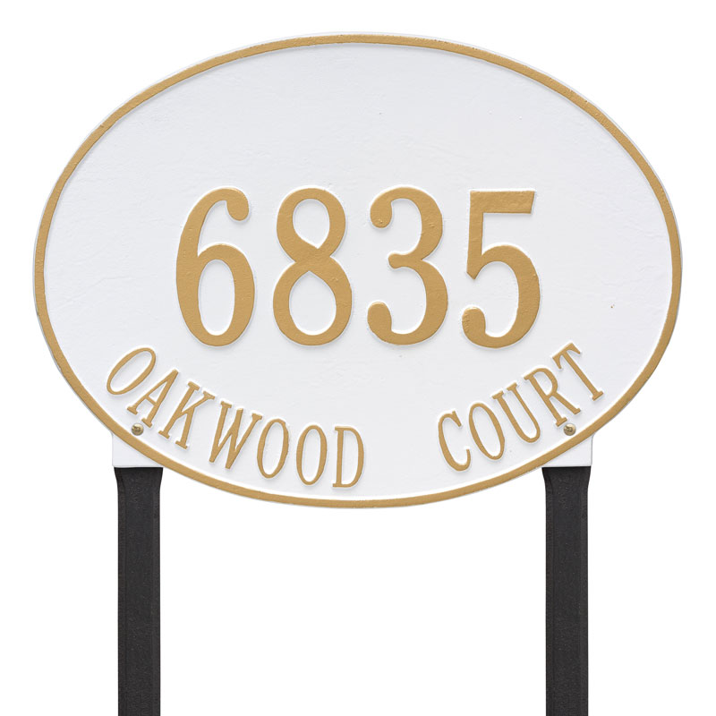 2929wg Estate Lawn Two Line Hawthorne Oval Address Plaque, White & Gold