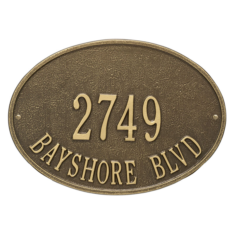 2923ab Standard Wall Two Line Hawthorne Oval Address Plaque, Antique Brass