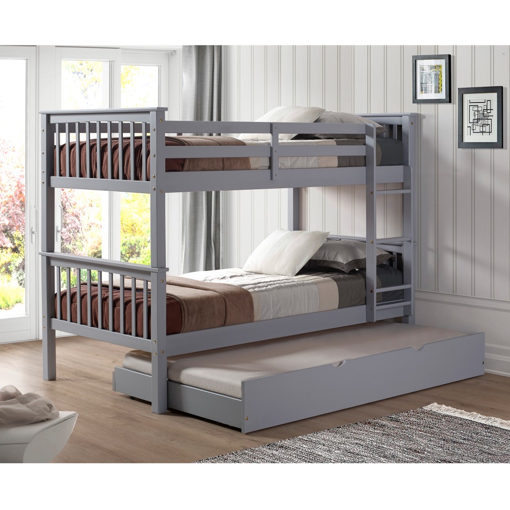 Walker Edison Furniture Bwtotmsgy-tr Solid Wood Twin Bunk Bed With Trundle Bed In Grey