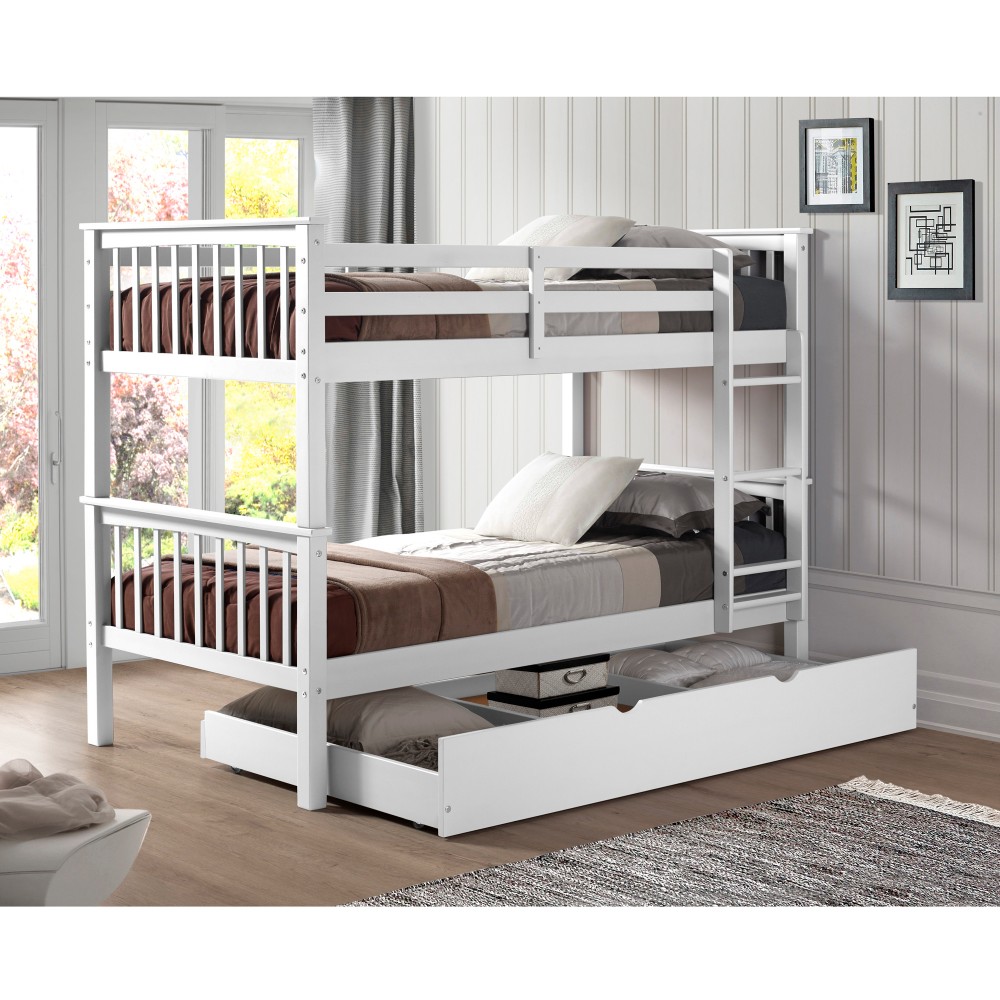 Walker Edison Furniture Bwtotmswh-tr Solid Wood Twin Bunk Bed With Trundle Bed In White