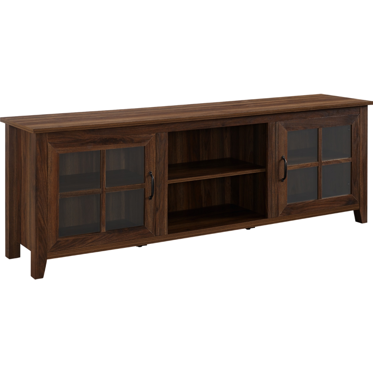70in Farmhouse Wood TV Stand with Glass Doors- Dark Walnut