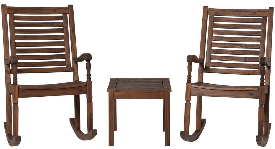 Walker Edison Ogwrcst3db Traditional Rocking Chair Outdoor Chat Set With Slatted Square Side Table, Dark Brown - 3 Piece