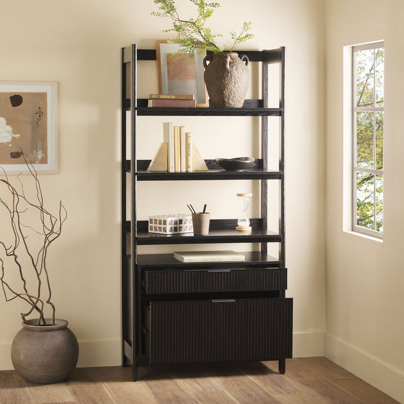 Walker Edison WEHOL41OS3BL20 Holmes Modern Wide Bookcase with Two Reeded Drawers - Black