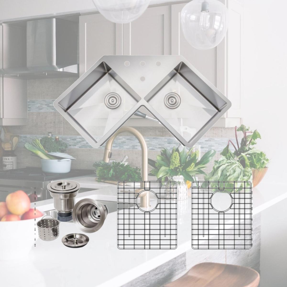 Picture of Wells Sinkware NCU3333-1010-BF-1 46 in. Handcrafted 16 Gauge Undermount Butterfly Equal Double Bowl Stainless Steel Corner Kitchen Sink with Grid Racks & Basket Strainers