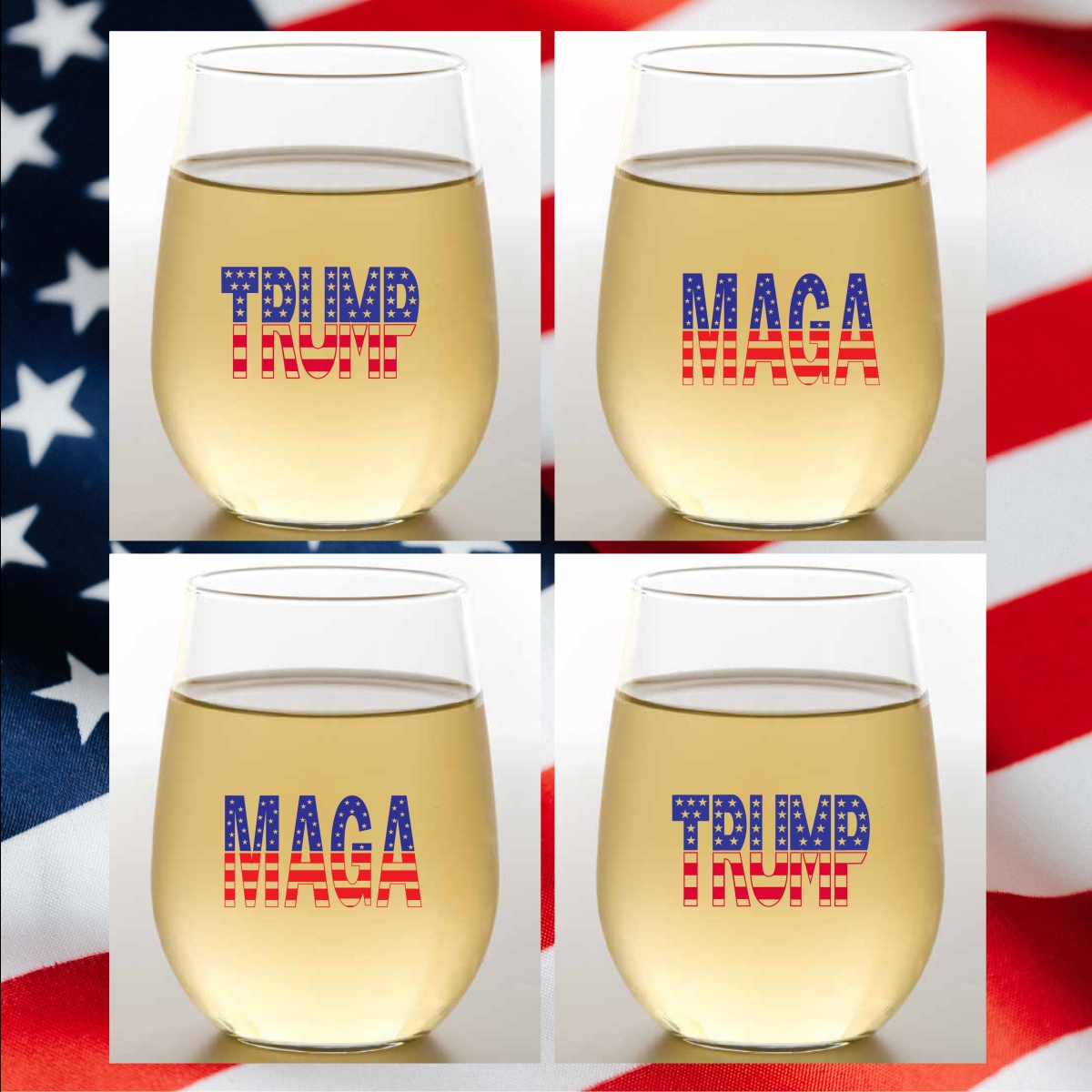 Picture of Wine-Oh! WINEST16-TRP Set of 4 TRUMP / MAGA Unbreakable 16 oz Tritan Plastic Stemless Wine Glasses, Made in the USA, Dishwasher Safe