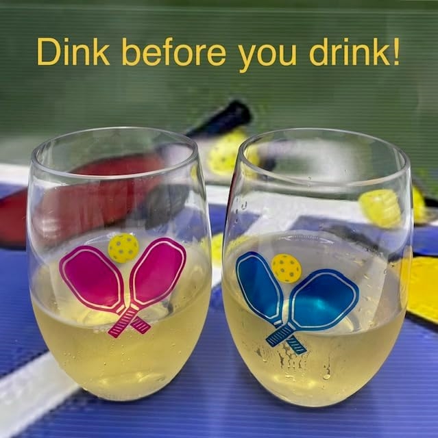 Picture of Wine-Oh! WINEST16-PBP Set of 4 PICKLEBALL Unbreakable 16 oz Tritan Plastic Stemless Wine Glasses, Made in the USA, Dishwasher Safe