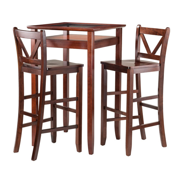 94586 42.13 X 25.59 X 25.59 In. Halo Pub Table Set With 2 V-back Stools, Antique Walnut - 3 Piece