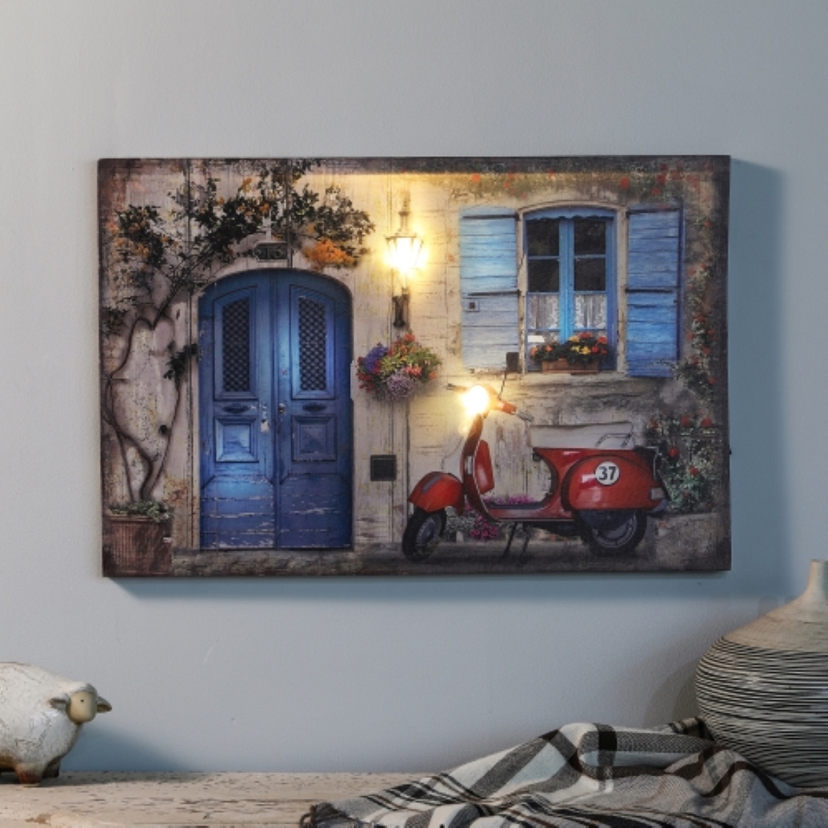 Luxen Home Wha337 Tuscan Cottage & Motorbike Print With Led Lights