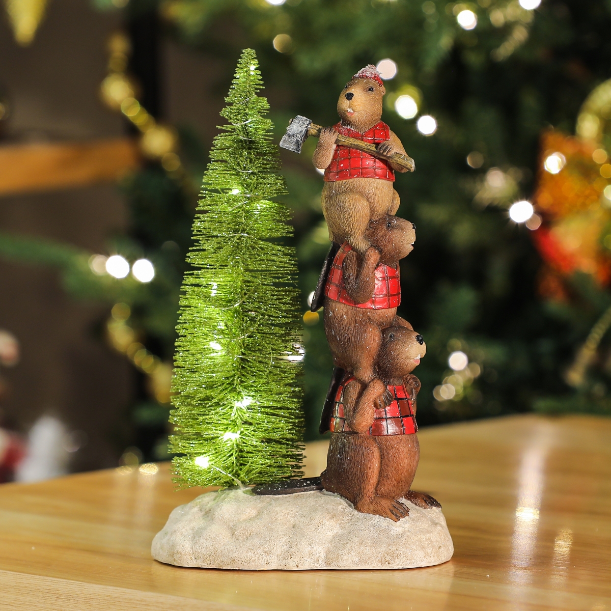 Luxen Home Whst389 Stacking Beavers With Christmas Tree Statuary With Led Light