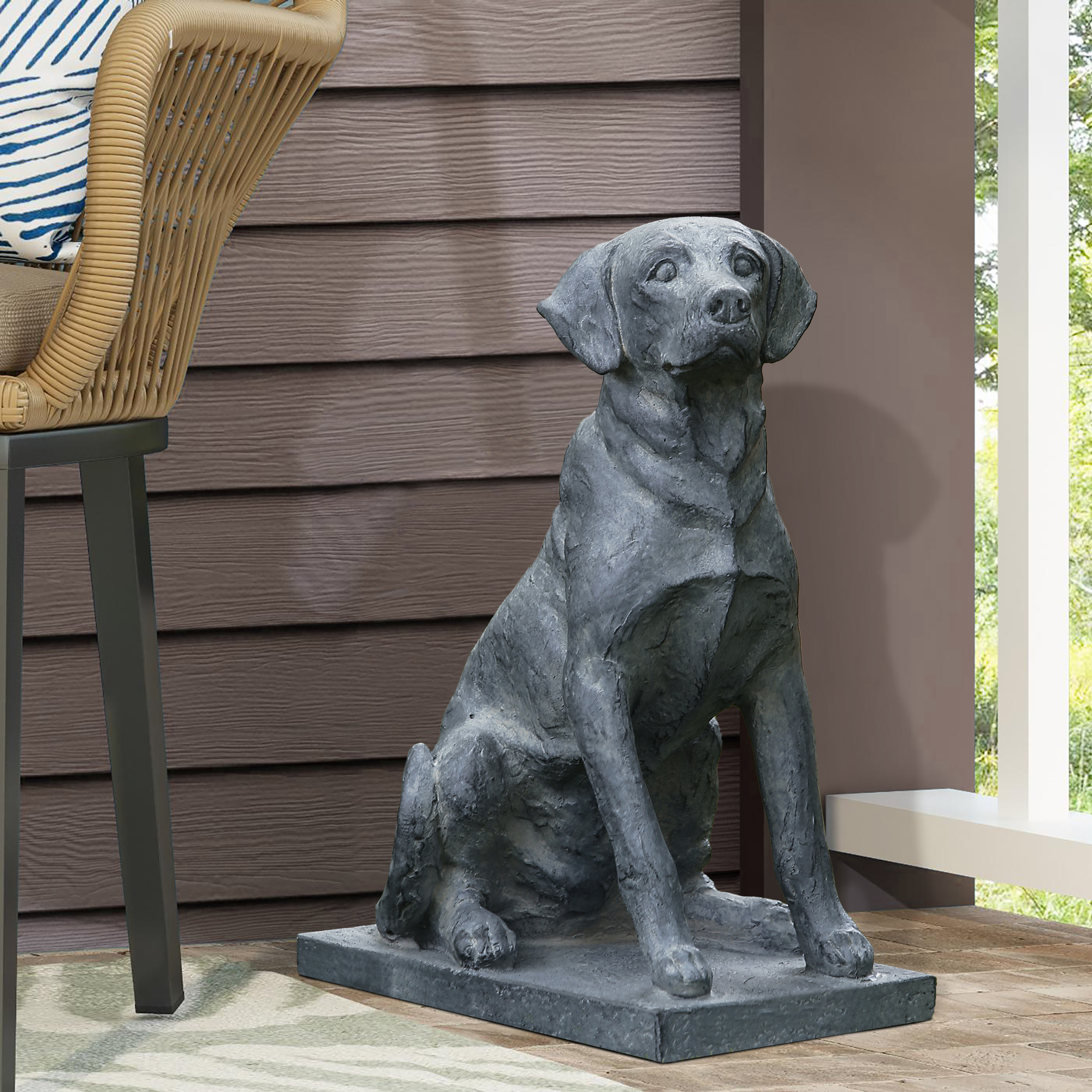 Luxen Home Whst500 16.9 In. Dark Gray Labrador Retreiver Dog On Rectangular Base Garden Statue