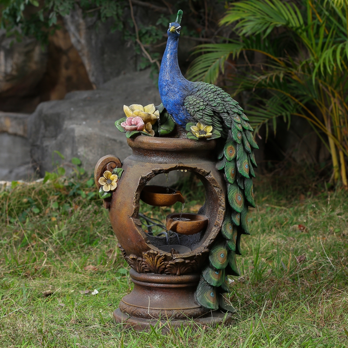 Luxen Home Whf548 Peacock & Pot Polyresin Fountain With Led Lights