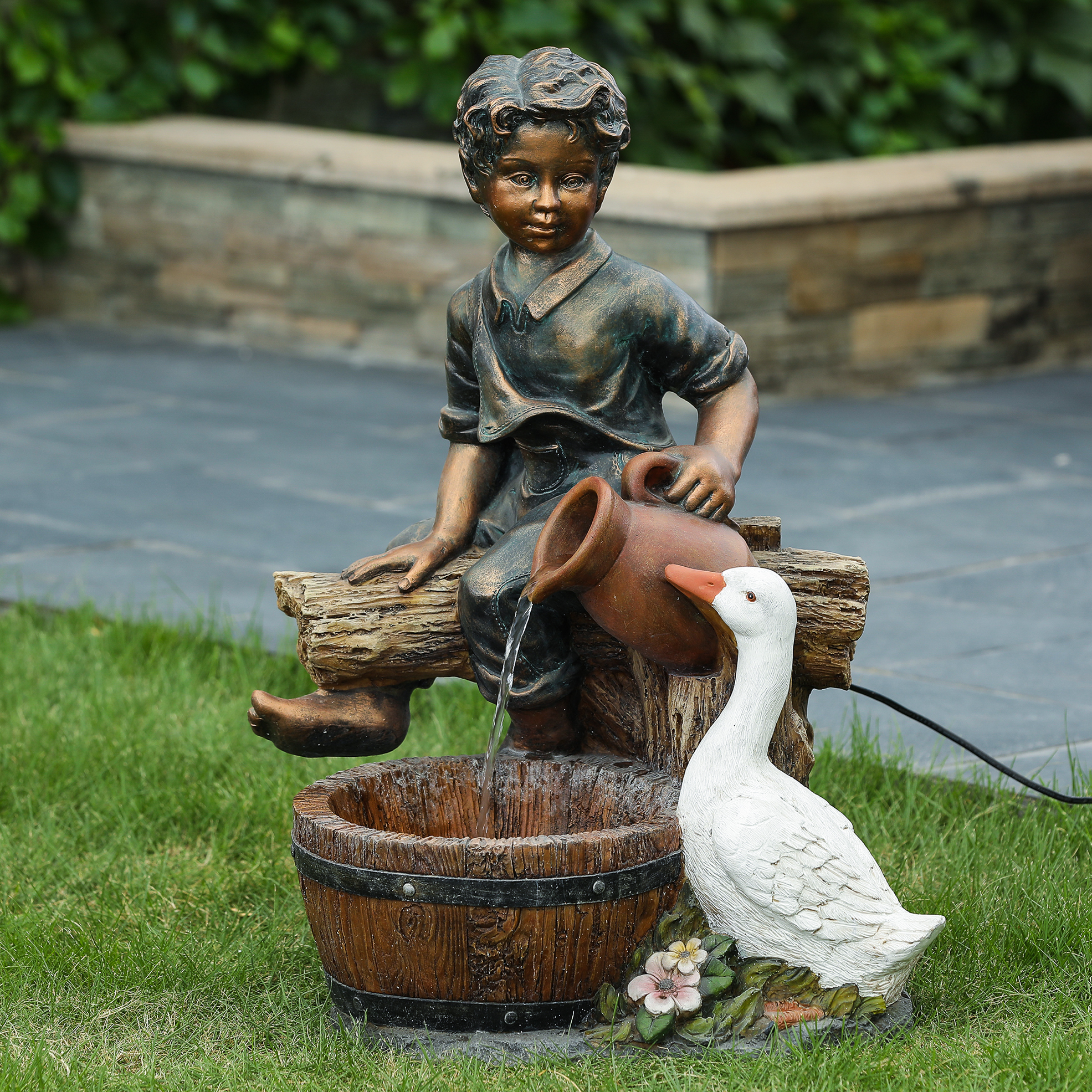 Luxen Home Whf620 Polyresin Boy & Goose Outdoor Fountain