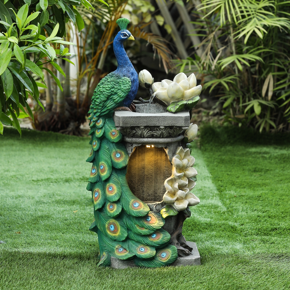 Luxen Home Whf623 Polyresin Peacock Outdoor Fountain With Led Light