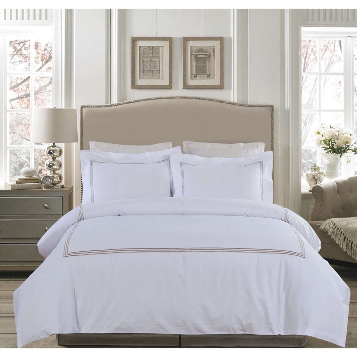 Whtx606-tnq Tan Line Embroidery On White 300 Thread Count Cotton Sateen Duvet Set - Queen Size - 3 Piece