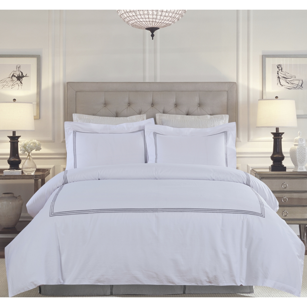 Whtx606-svq Silver Line Embroidery On White 300 Thread Count Cotton Sateen Duvet Set - Queen Size - 3 Piece