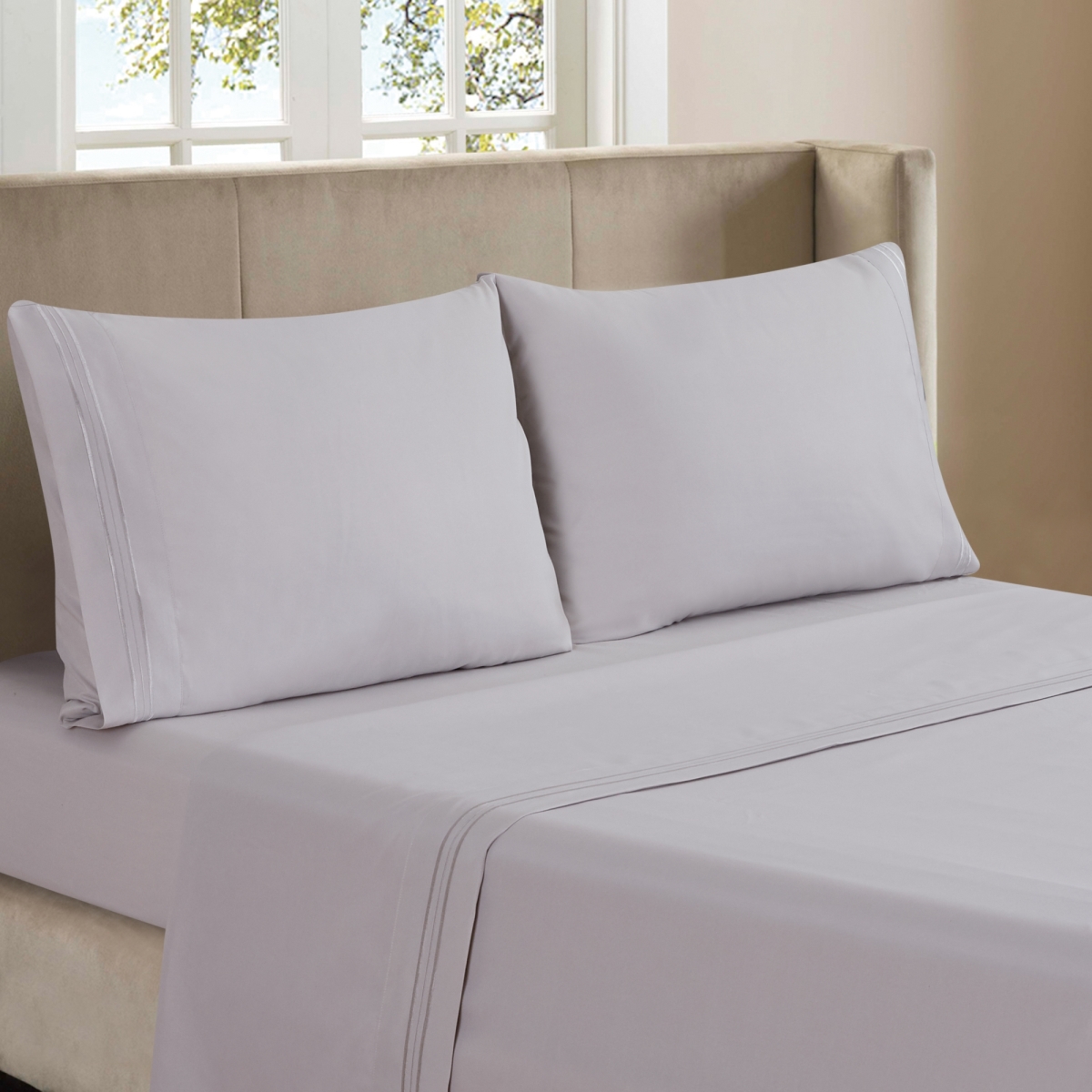 Whtx607-lgq 3-line Embroidered Light Grey Polyester Sheet Set - Queen Size - 4 Piece