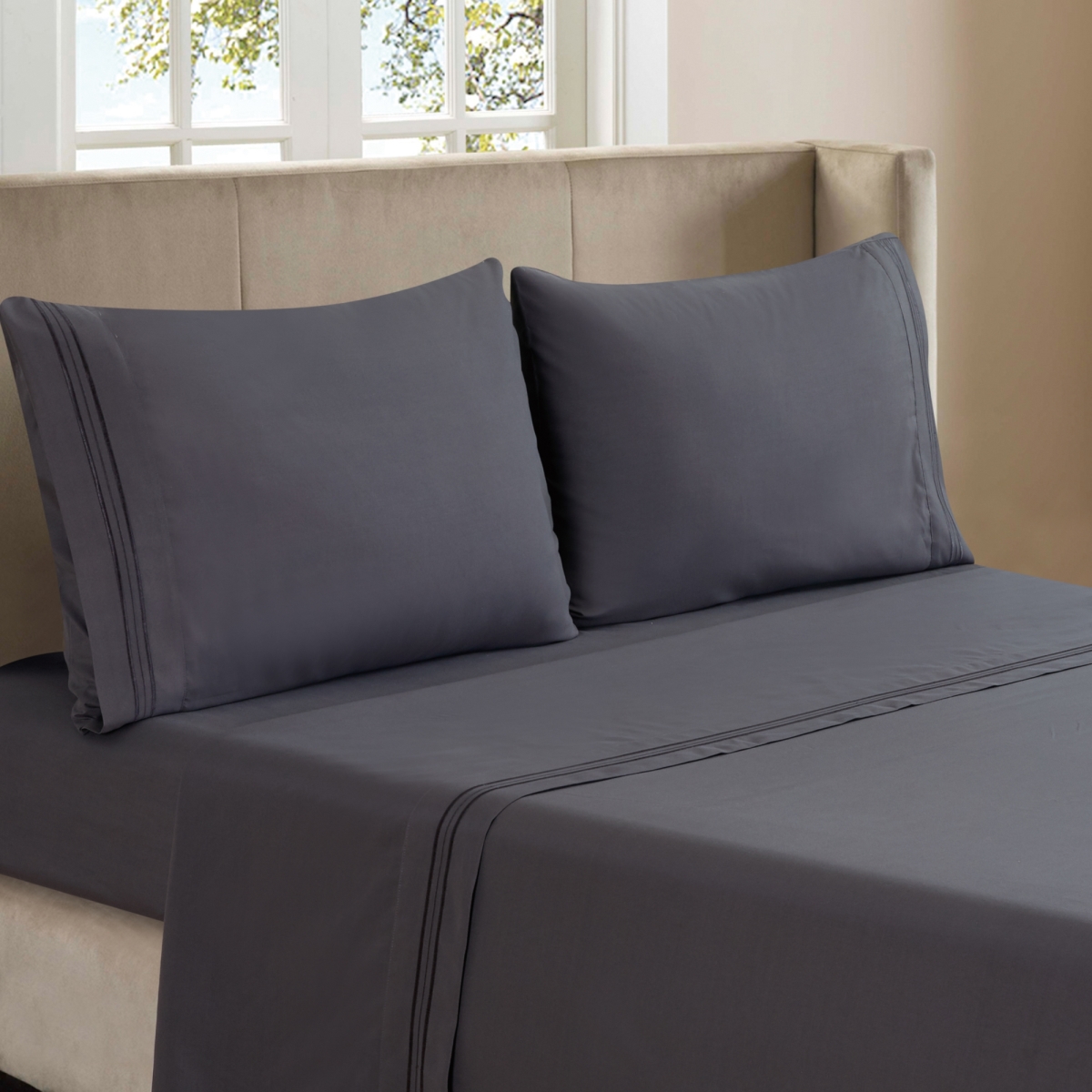 Whtx607-gyq 3-line Embroidered Grey Polyester Sheet Set - Queen Size - 4 Piece