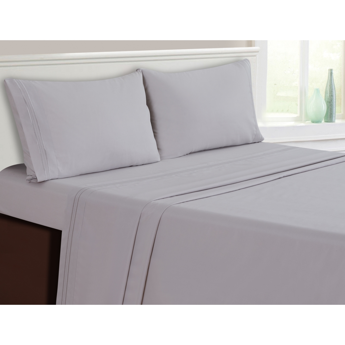 Whtx607-lgk 3-line Embroidered Light Grey Polyester Sheet Set - King Size - 4 Piece