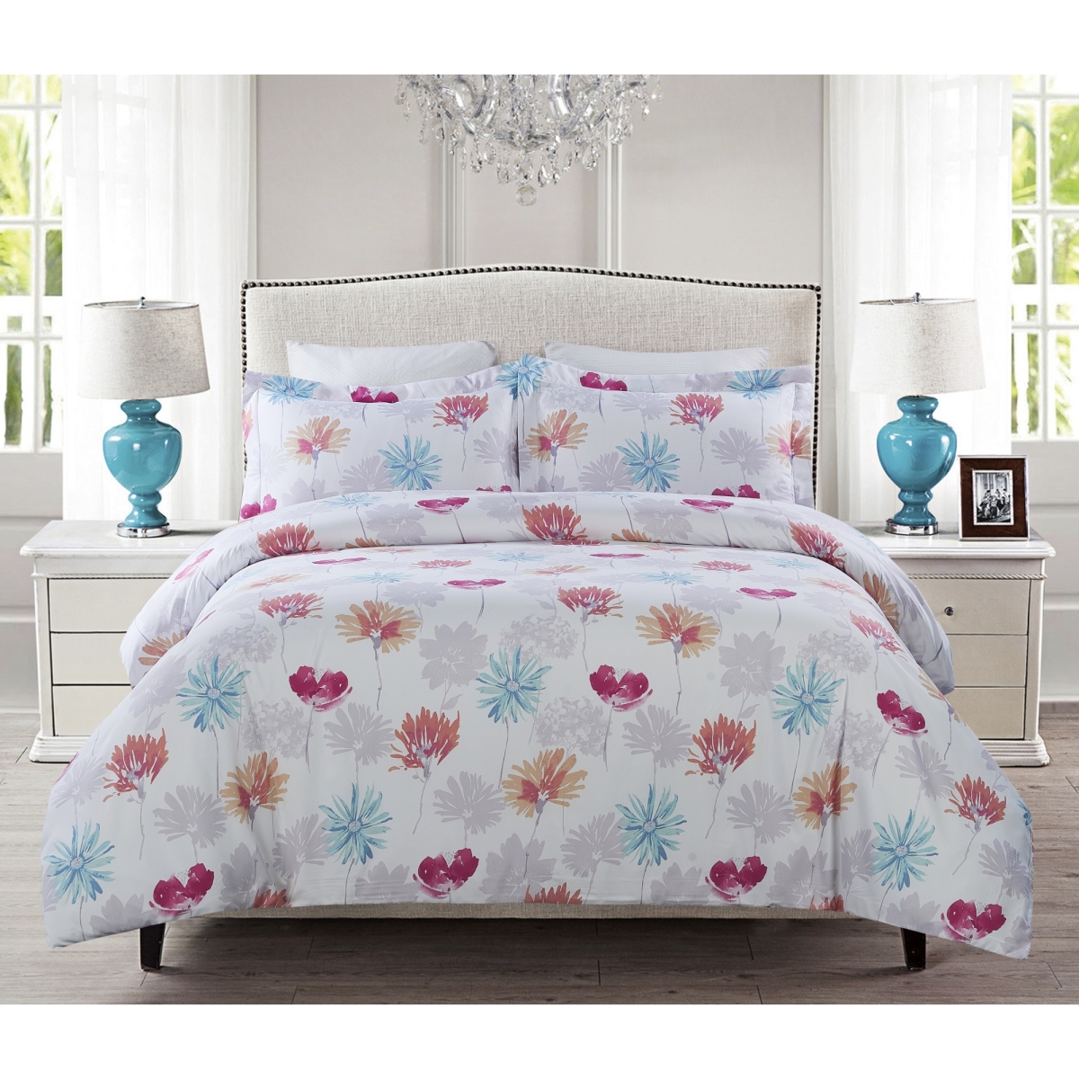 Whtx636-cfq Microfiber Duvet Cover Set With Printed Colored Flowers, Queen Size - 3 Piece