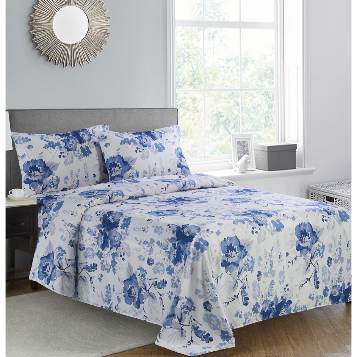 Whtx625-brq Microfiber Sheet Set With Printed Blue Rose, Queen Size - 4 Piece
