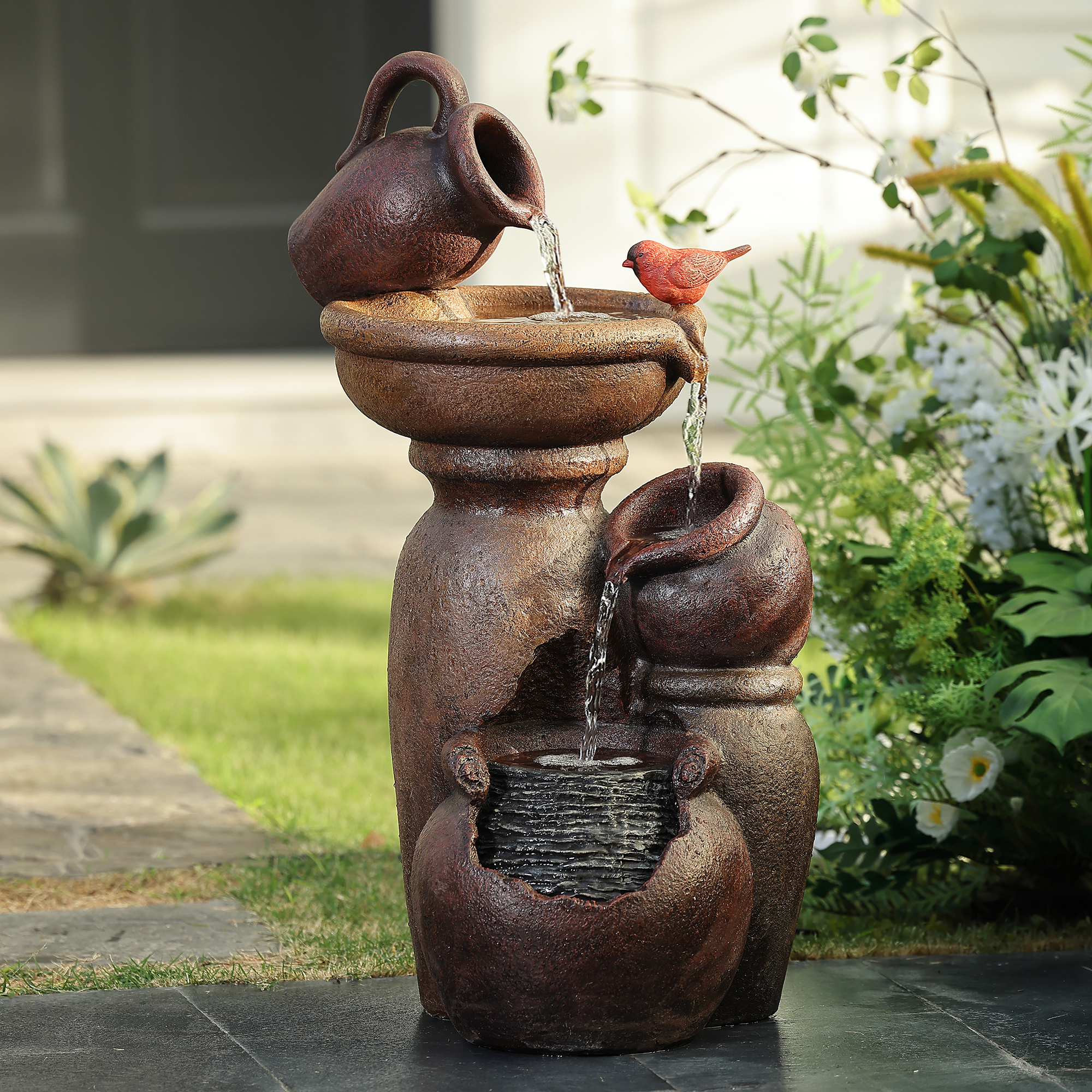 Whf727 Cement & Resin Roma Pitcher & Pot Tiered Outdoor Patio Fountain
