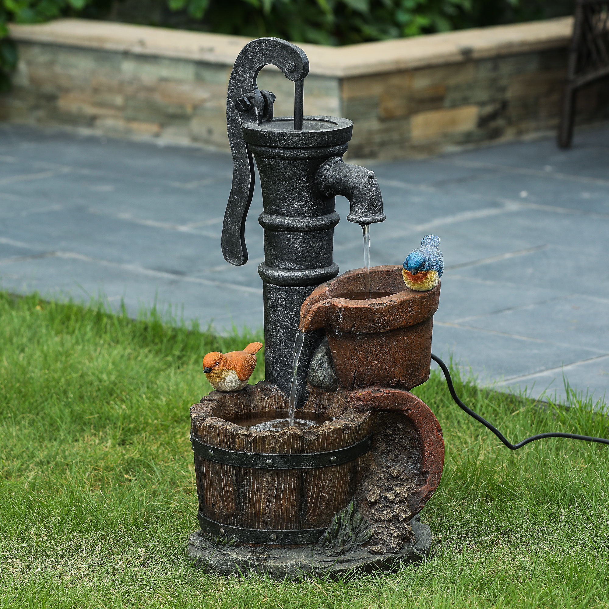 Whf732 Cement Whiskey Barrel And Water Pump Outdoor Patio Fountain