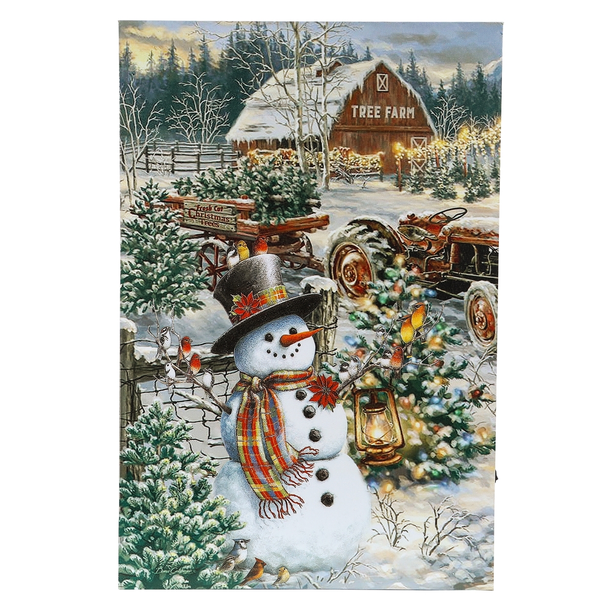 Wha656 Winter Wonderland Snowman Christmas Tree Farm Canvas Print Wall Art With Led Lights