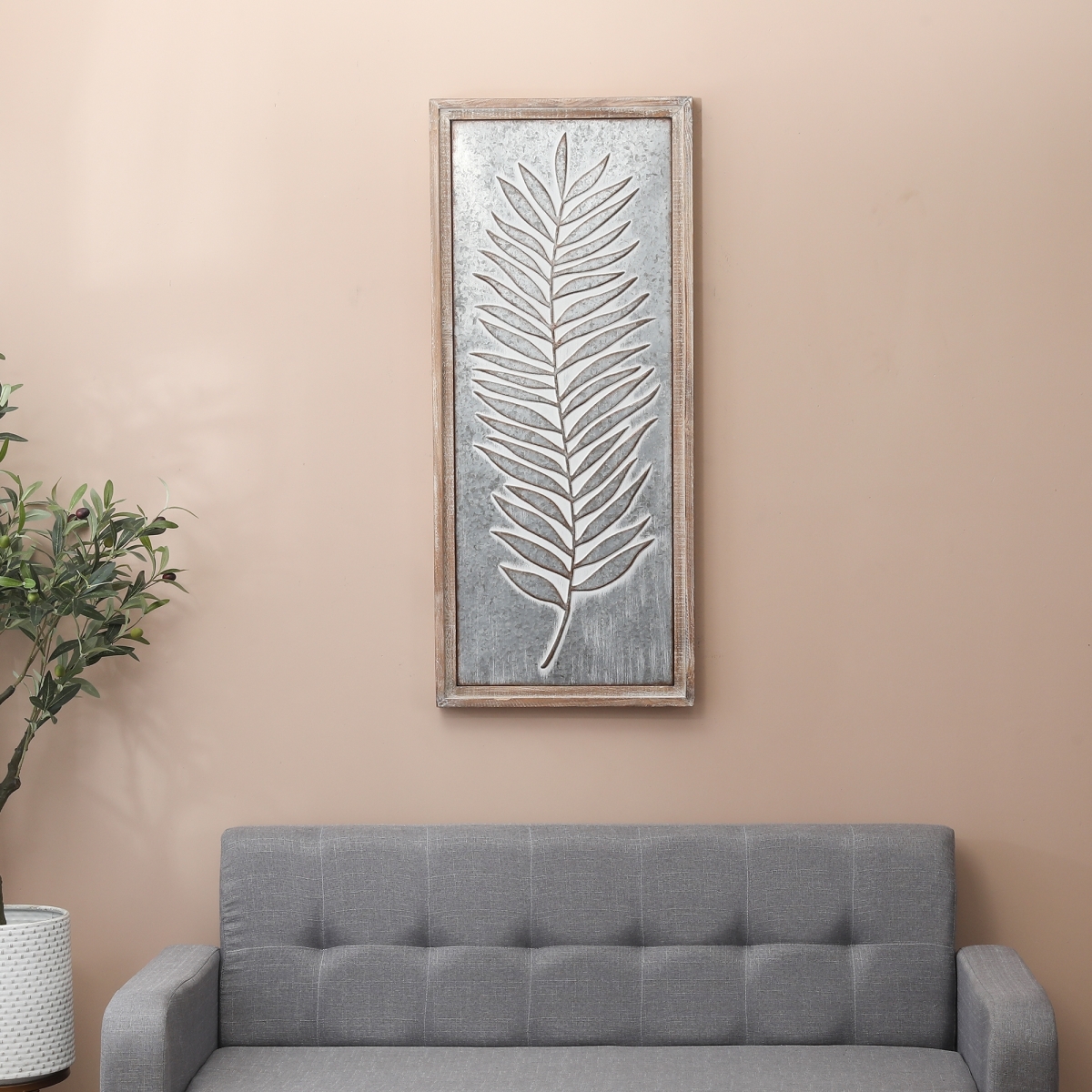 Wha808 Wood Frame Metal Leaf Wall Decor