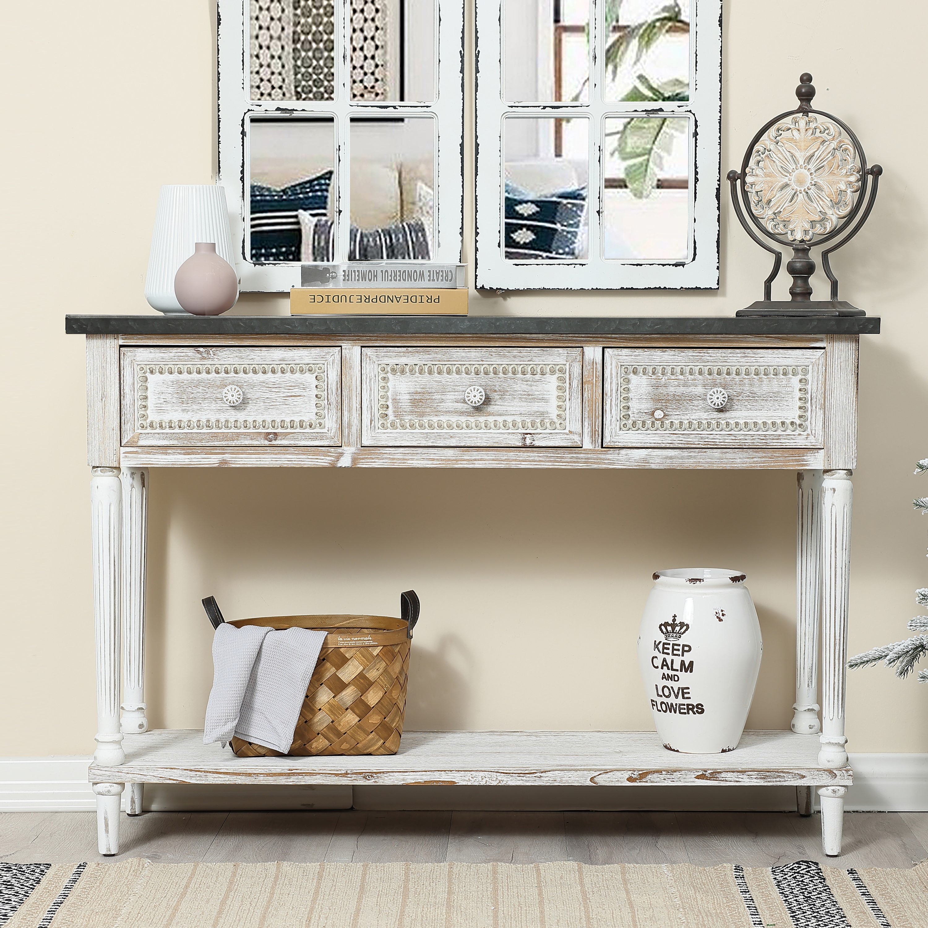 Whif797 Wood & Metal Farmhouse Distressed Console Table