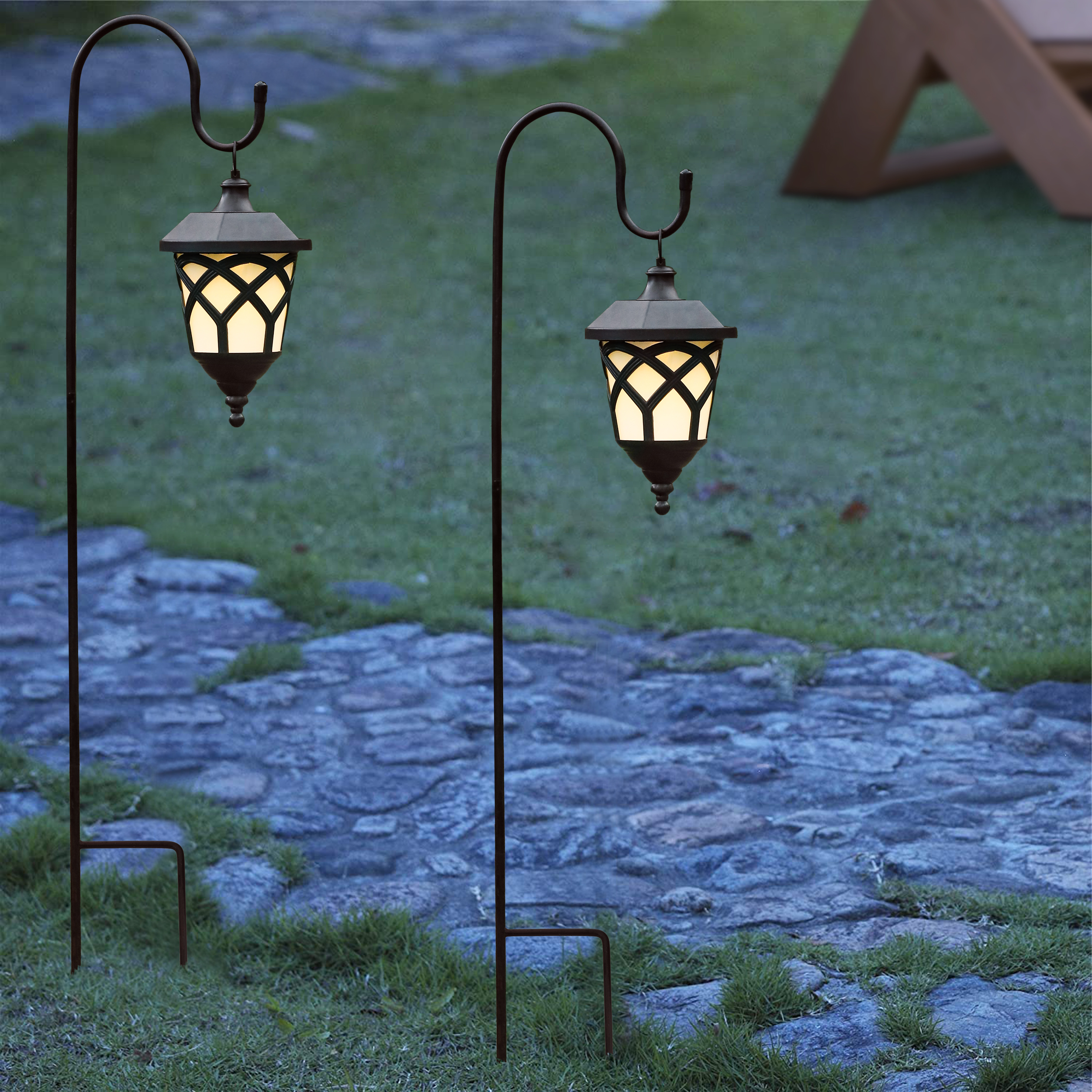 Wh073 Hanging Solar Lanterns With Shepherd Hooks - Set Of 2