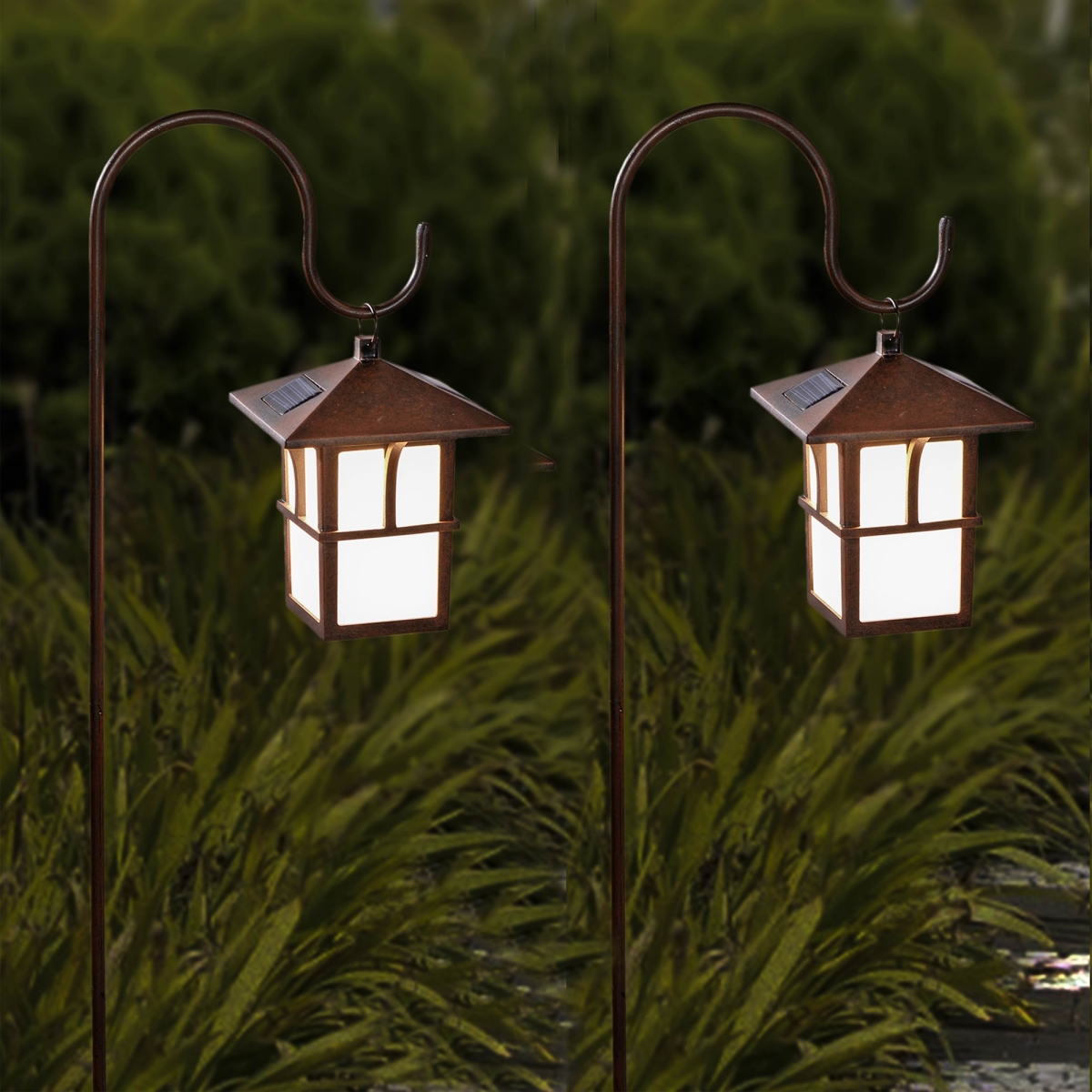 Wh075 Pagoda Hanging Solar Lanterns With Shepherd Hooks - Set Of 2