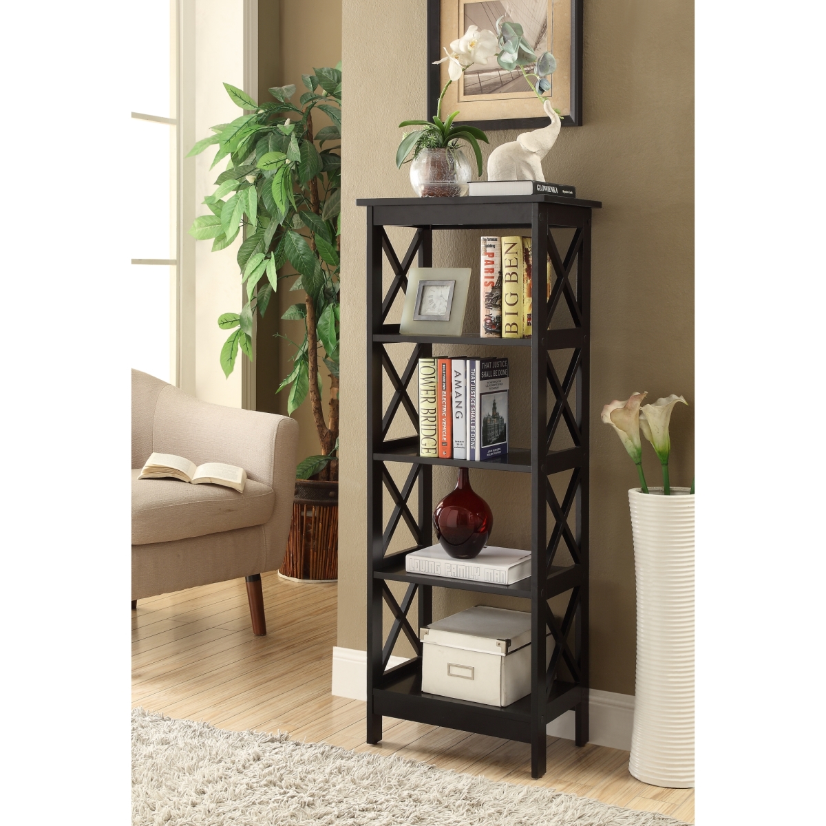 Whif627 X-sided Narrow 4-tier Bookcase, Black