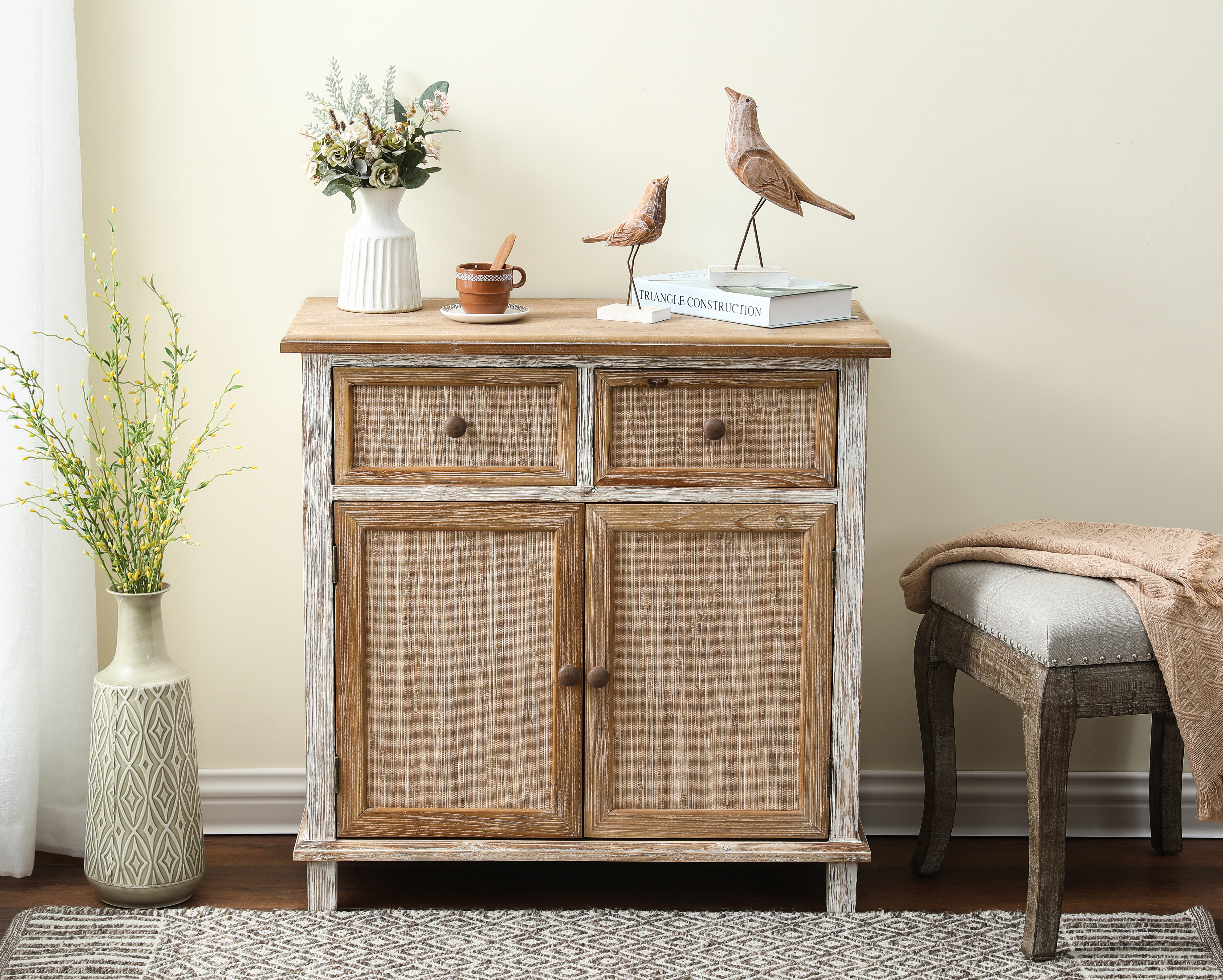 Whif1070 Washed Wood Accent Cabinet, Natural & White