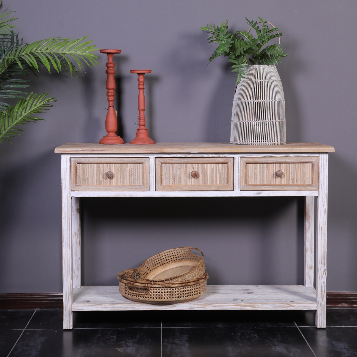 Whif1071 Washed Wood Console Table, Natural & White