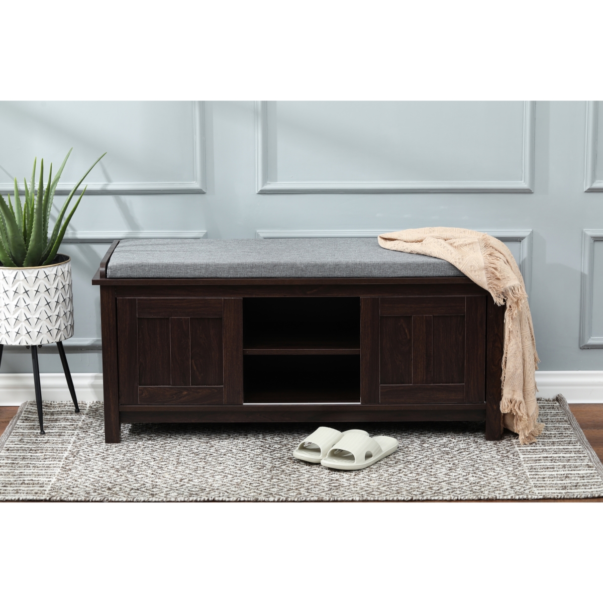 Whif1154 Wood Storage Bench, Upholstered Brown