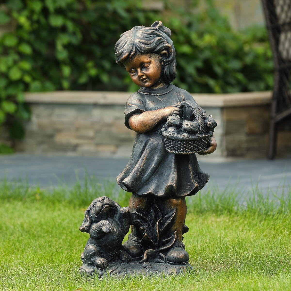 LuxenHome Bronze MgO Girl Holding Basket of Kittens with Puppy Garden Statue