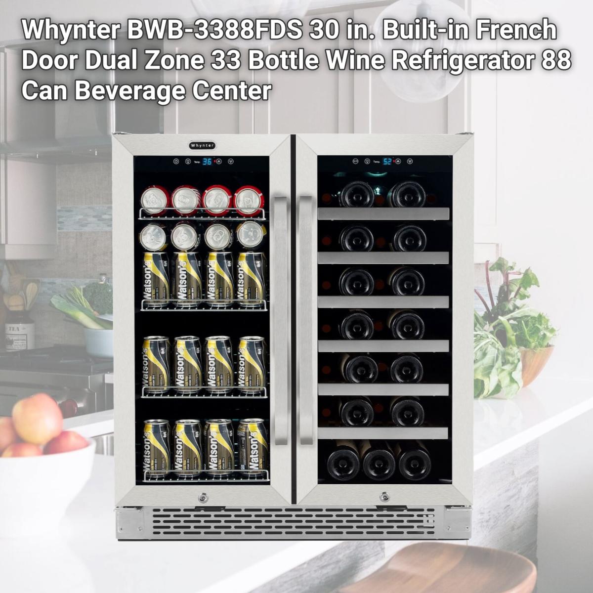 Picture of Whynter BWB-3388FDS 30 in. Built-in French Door Dual Zone 33 Bottle Wine Refrigerator 88 Can Beverage Center
