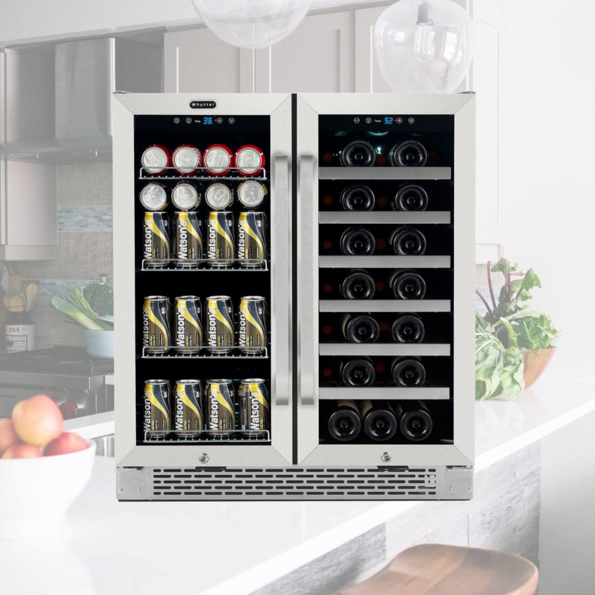 Picture of Whynter BWB-3388FDS 30 in. Built-in French Door Dual Zone 33 Bottle Wine Refrigerator 88 Can Beverage Center