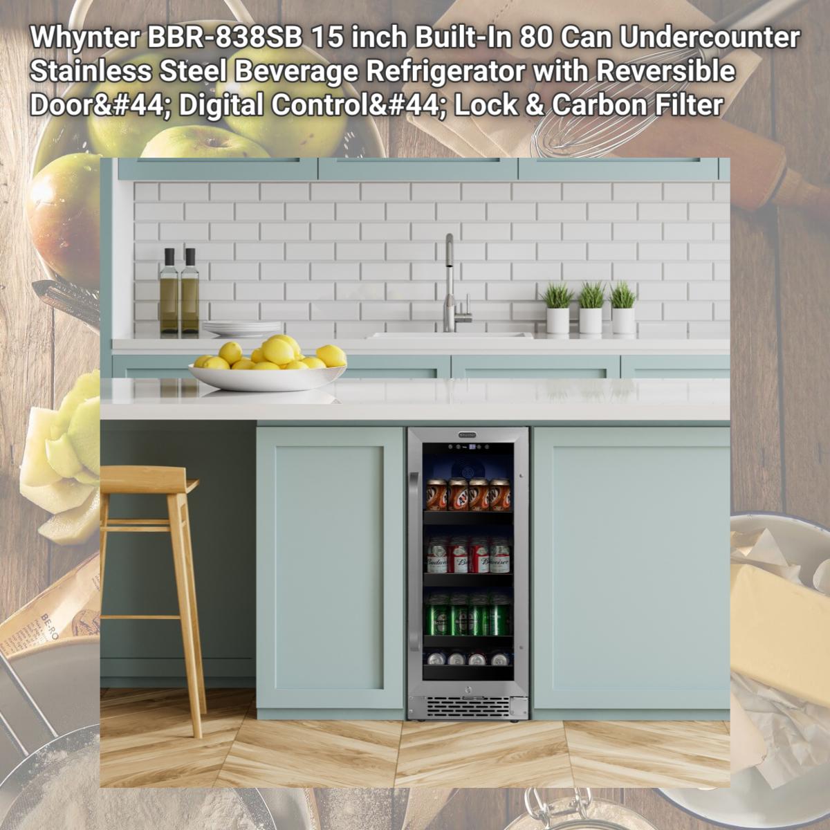 Picture of Whynter BBR-838SB 15 inch Built-In 80 Can Undercounter Stainless Steel Beverage Refrigerator with Reversible Door, Digital Control, Lock & Carbon Filter